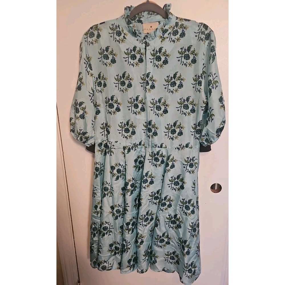 Hannah Artwear Gaia Dress Blue Floral Print 100% Silk Size 10 See Size Chart